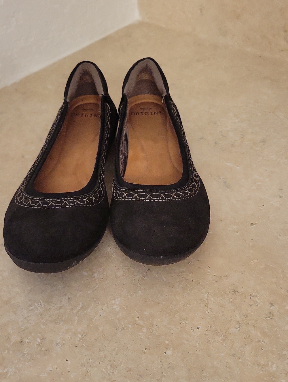 Origins Black Slip-On Suede Ballet Flats with Stitch Detail